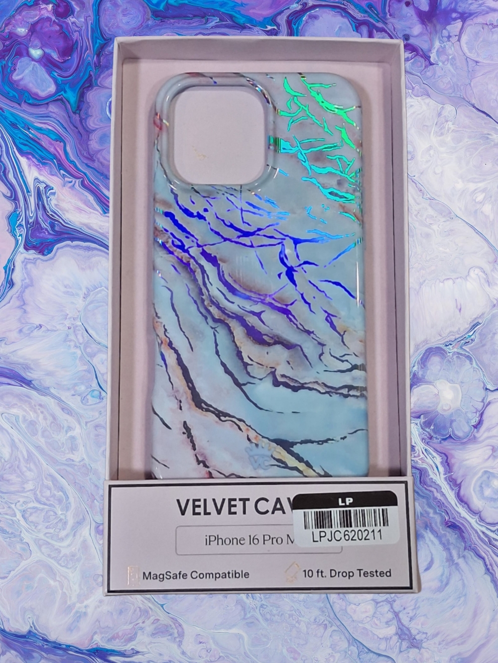 Velvet Caviar Marble iPhone Case in Blue and Purple Holographic